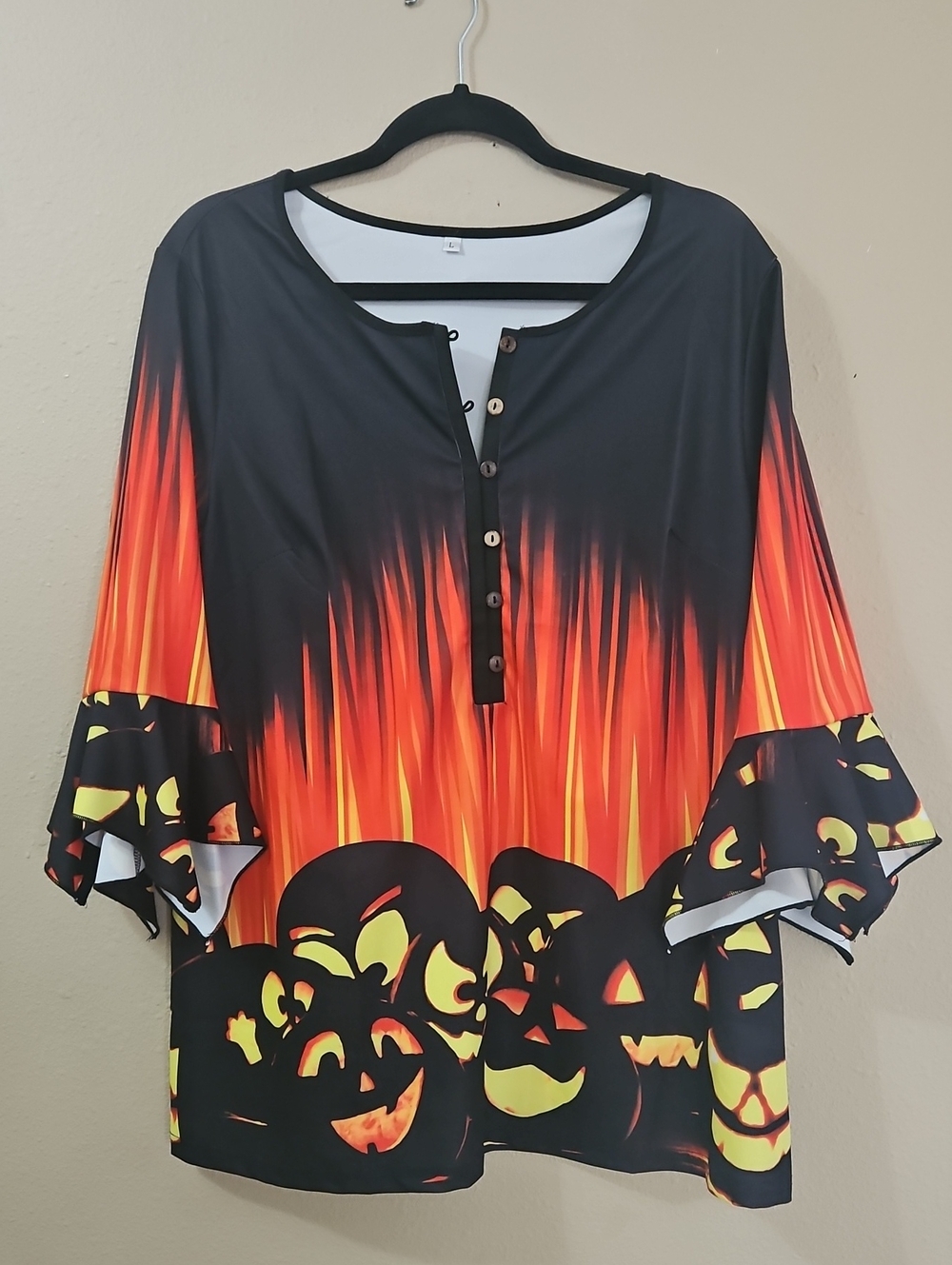 Halloween Pumpkin Print Black & Orange Women's Button-Front Top